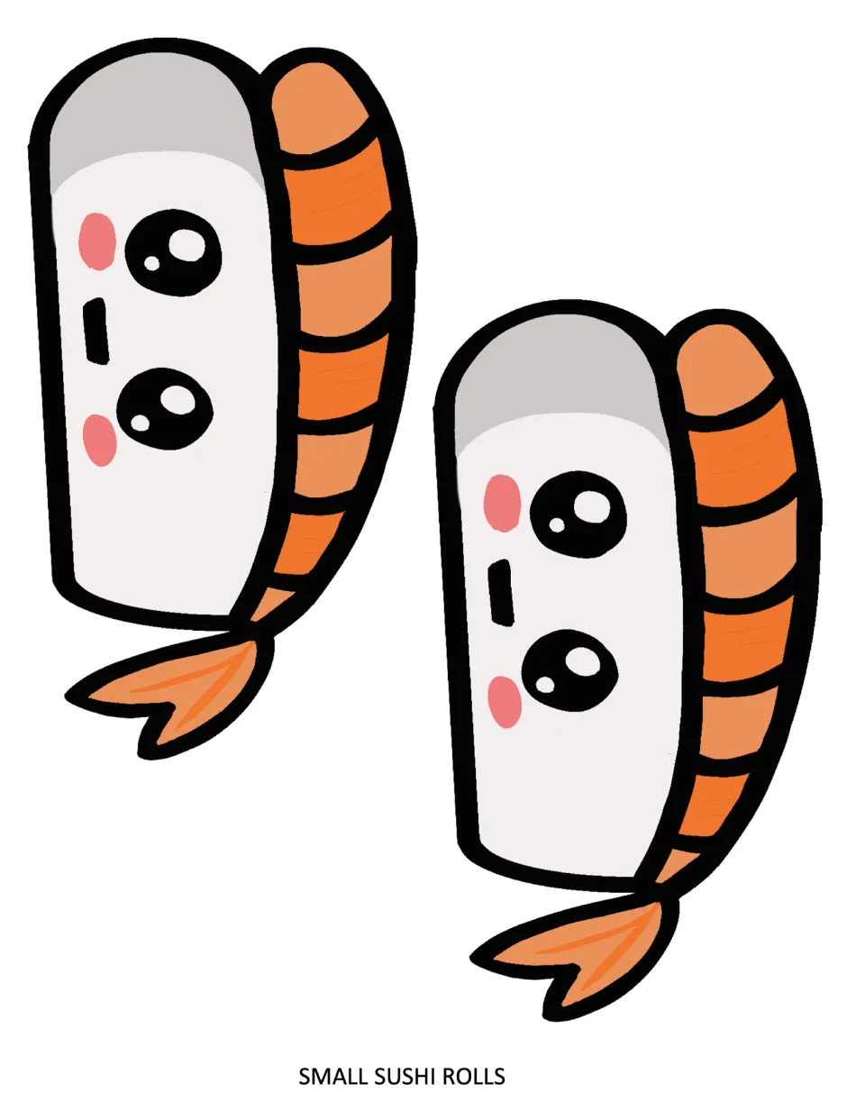 Two small shrimp nigiri cut-outs with smiling faces, each showing an orange striped shrimp and tail on white rice