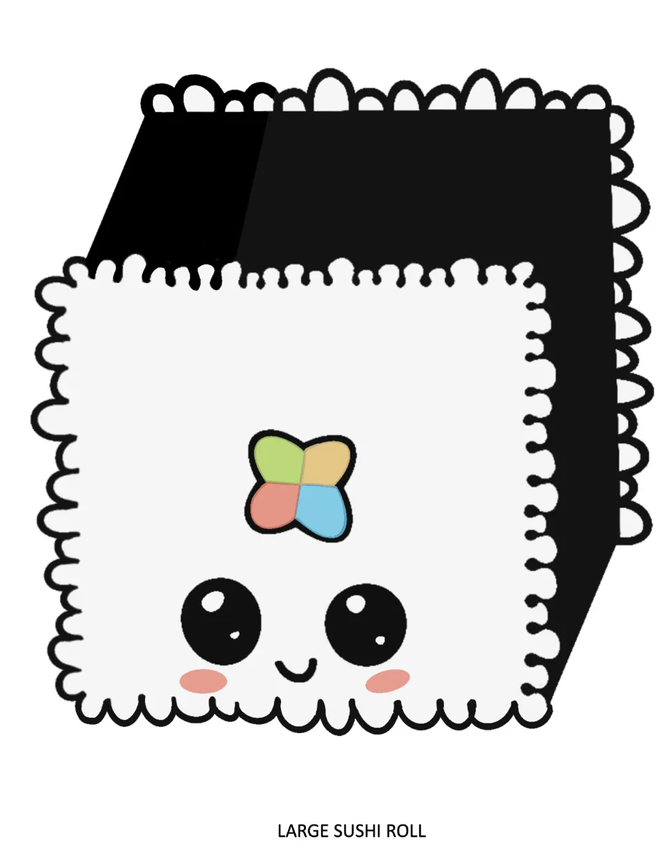 Large square rice roll cut-out wrapped in black seaweed, with a four-color filling, big shiny eyes and a smile