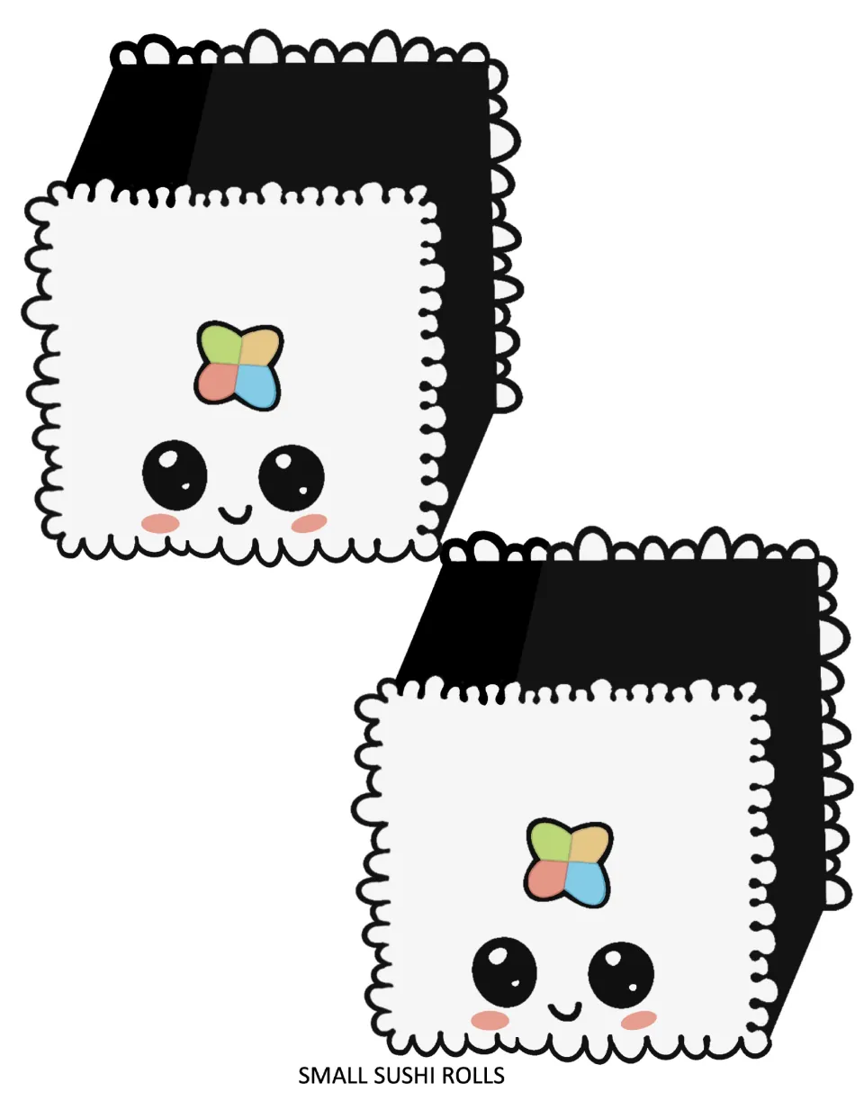 Two small square seaweed-wrapped rolls with rainbow fillings and happy faces, ready to cut out for a classroom display