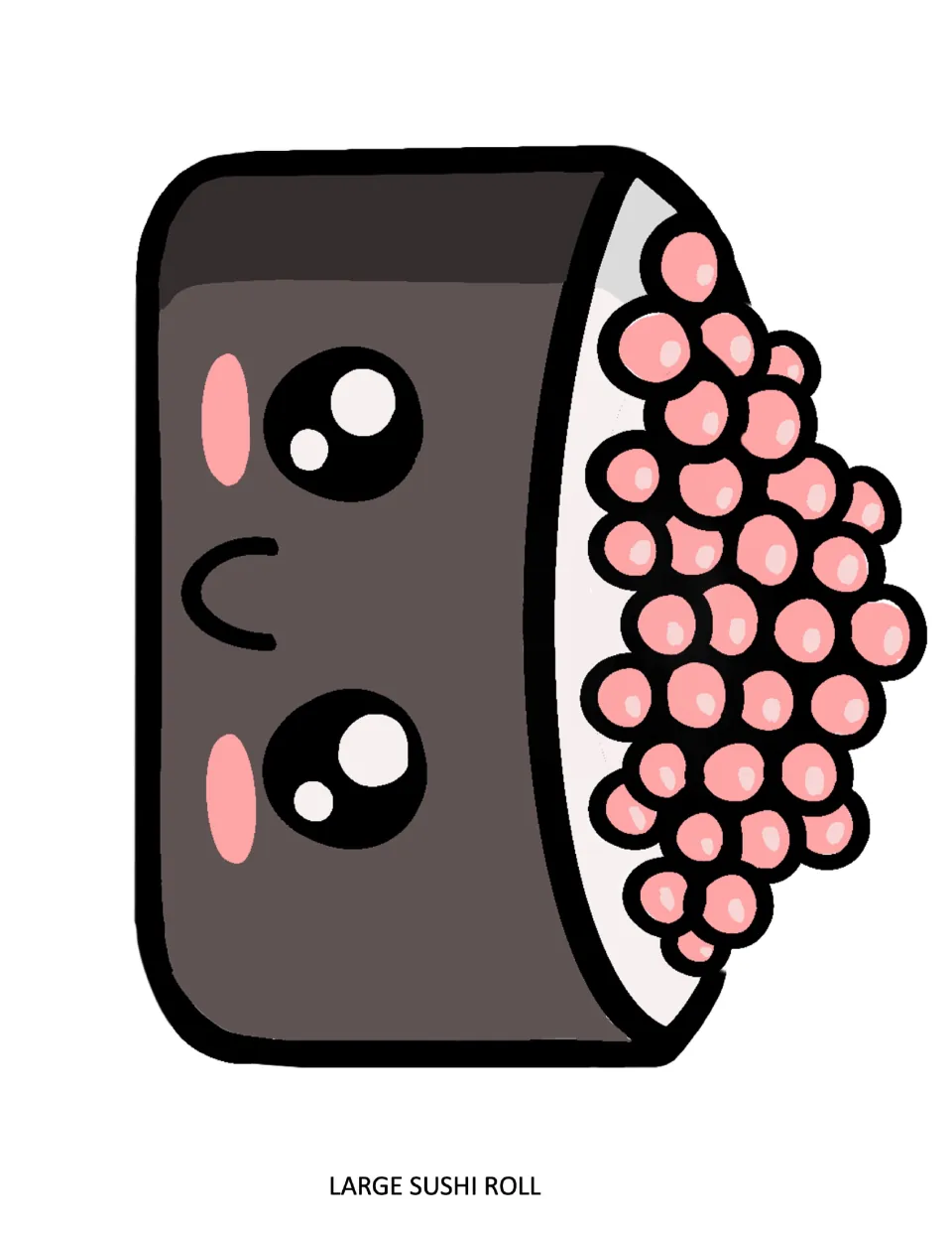 Large roe sushi cut-out: a dark seaweed piece with a wide-eyed smiling face, topped with pink fish eggs on rice