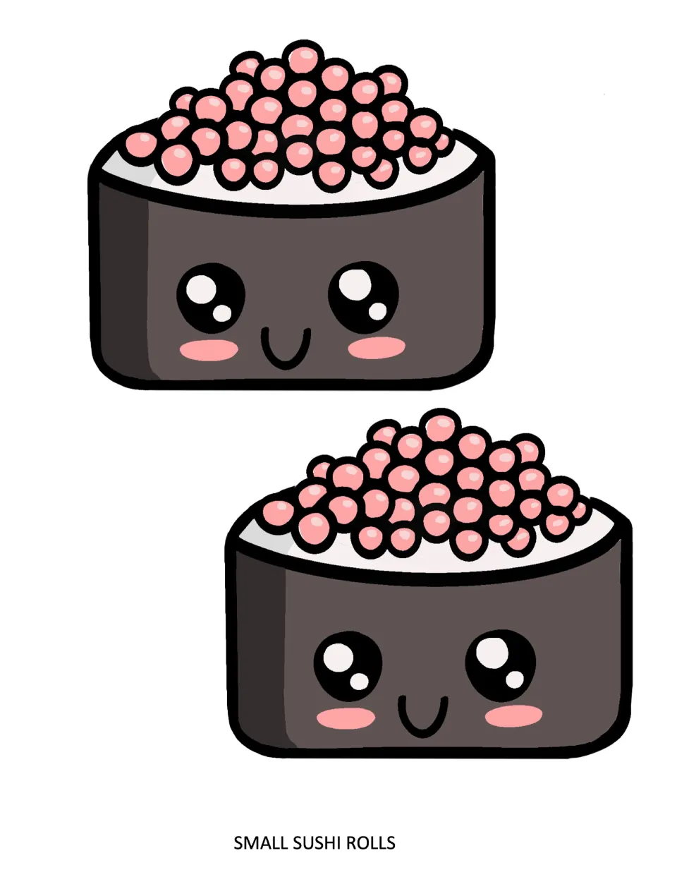 Two small roe sushi pieces with smiling faces and heaps of pink fish eggs on top, to cut out and arrange on a board