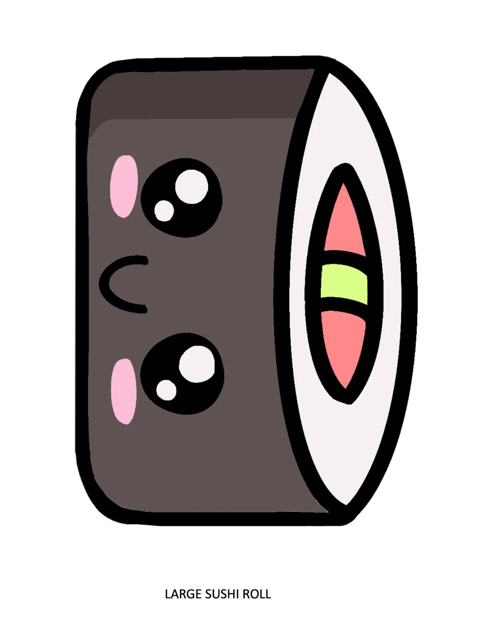 Large maki roll cut-out shown from the side, with a blushing face on the seaweed and a pink and green filling