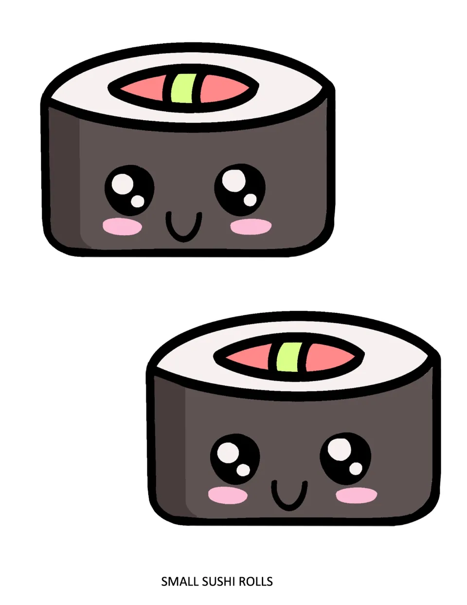 Two small maki rolls with pink and green fillings and blushing smiles, printable pieces for a sushi-themed board