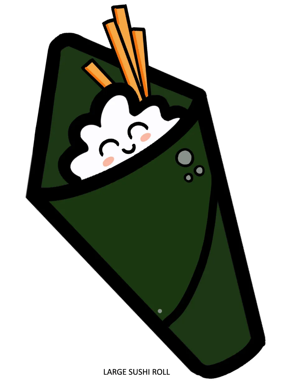 Large hand roll cut-out: a green seaweed cone holding happy rice with a smiling face and orange sticks