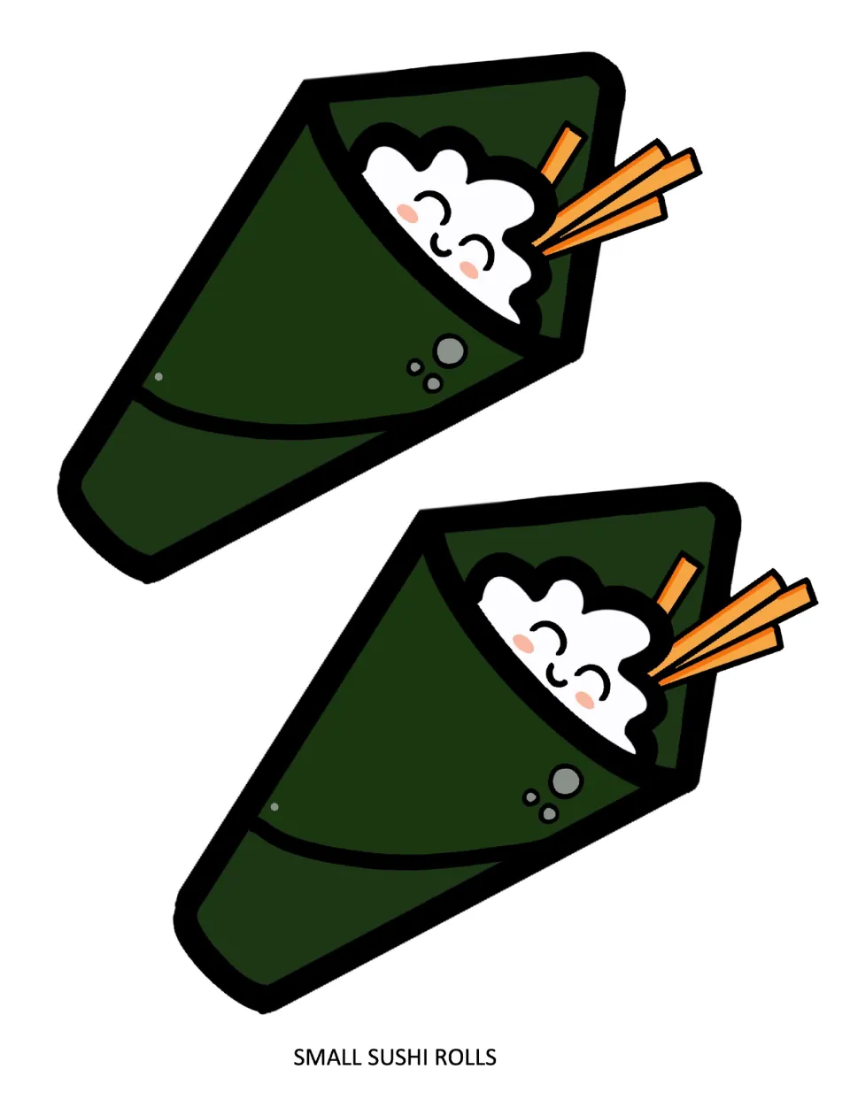 Two small seaweed cone hand rolls with cheerful rice faces and orange sticks poking out, for cutting and labeling