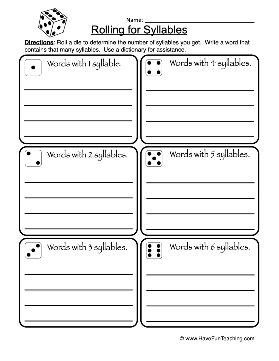 Syllable practice sheet: roll a die and write words with one, two, three, four, five, or six syllables.