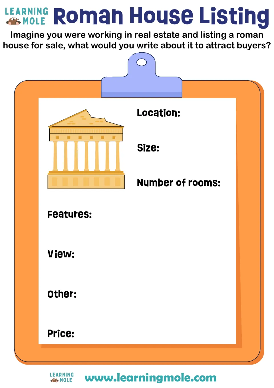 Ancient Roman homes: students write a real estate listing giving location, size, rooms, features, view and price