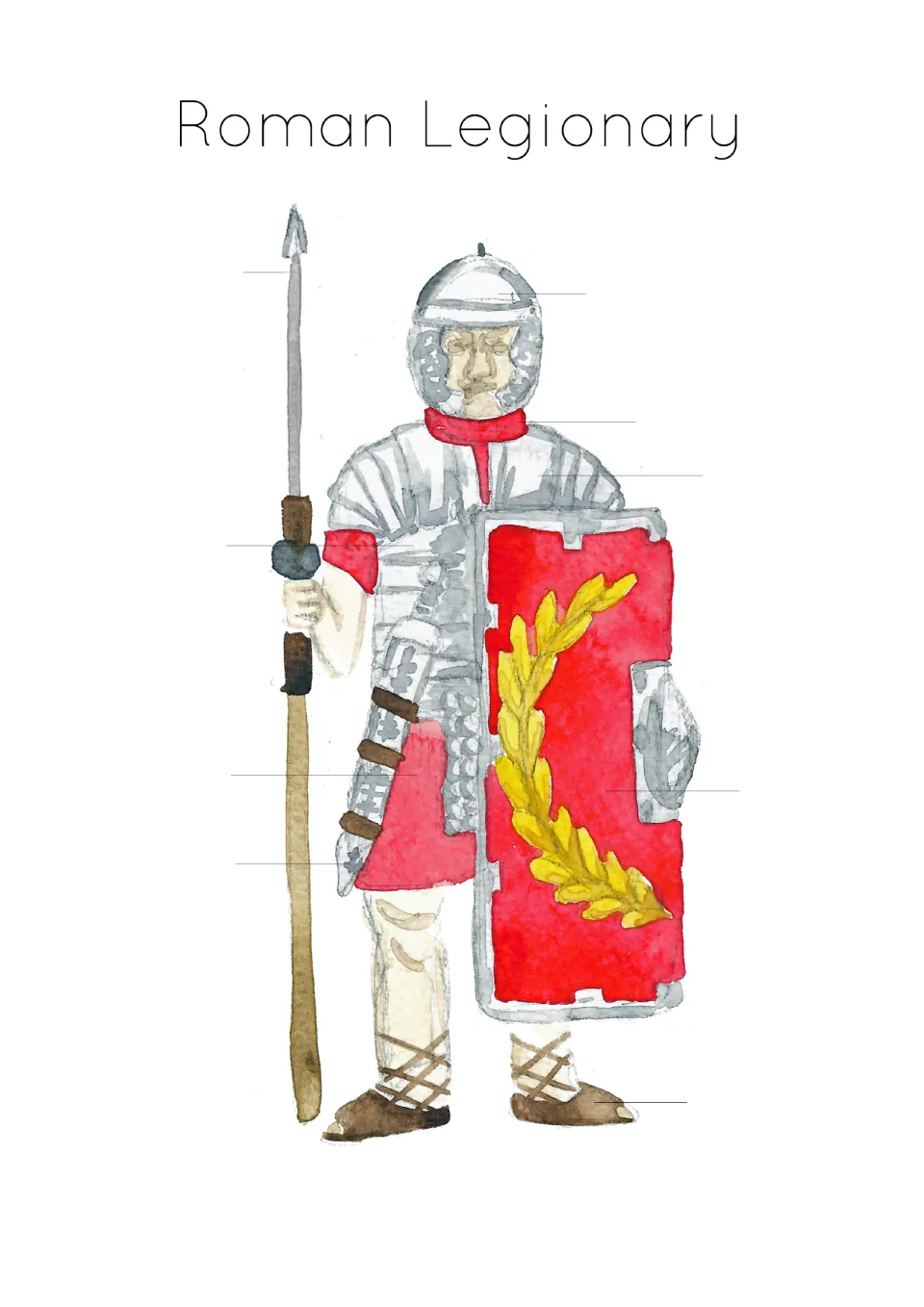 Unlabeled Roman legionary diagram for labeling the soldier's armor, clothing, weapons, and sandals.