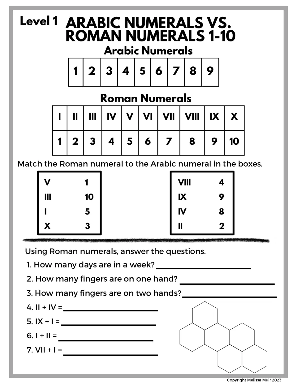 Roman numeral practice for 1–10 includes eight matches, three everyday number questions, and four addition problems