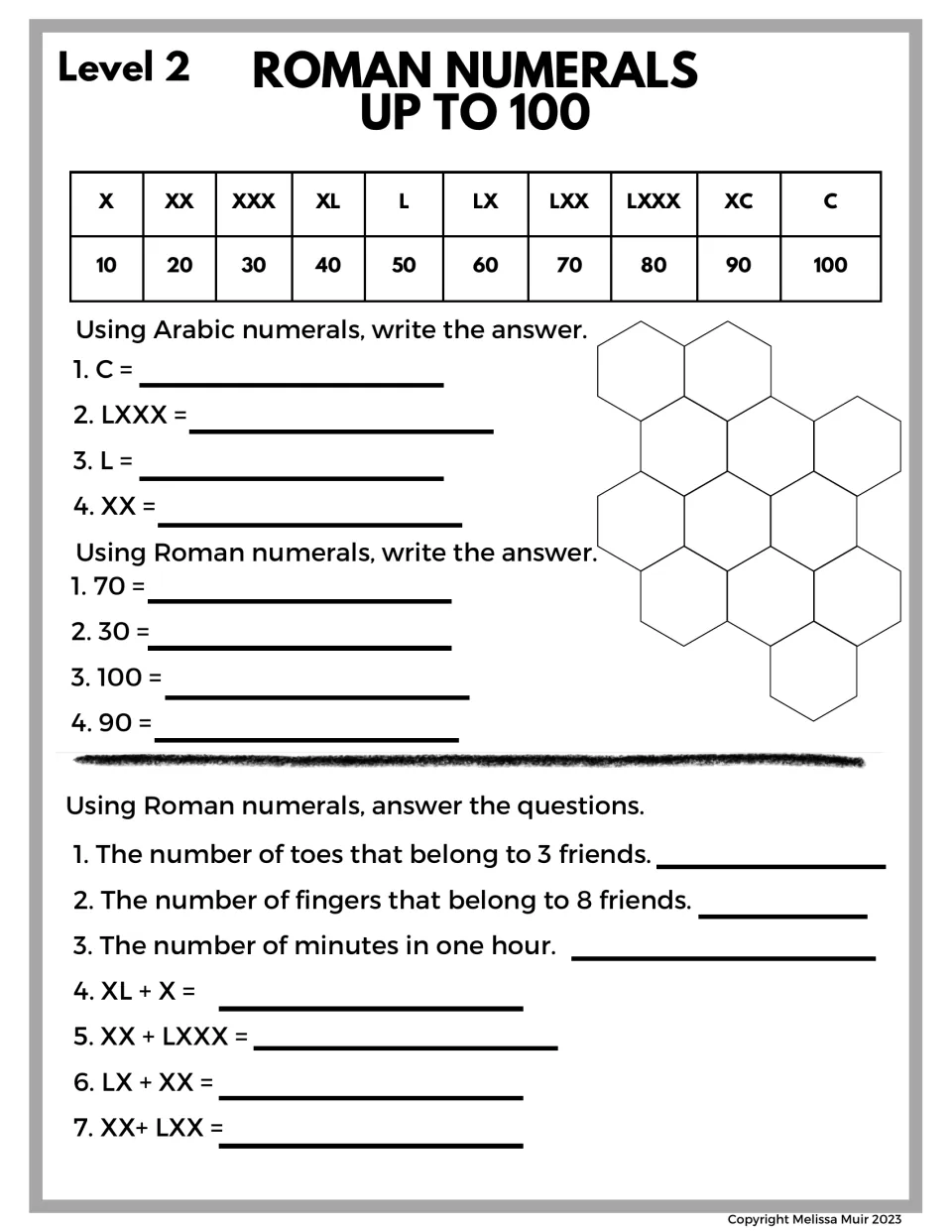 Roman numerals up to 100: students convert between Roman and Arabic tens, then solve toe, finger and addition problems