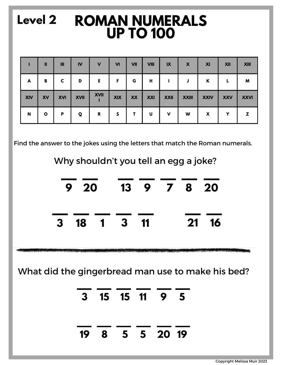Joke code: students match numbers to a chart pairing Roman numerals I to XXVI with letters A to Z to answer two riddles