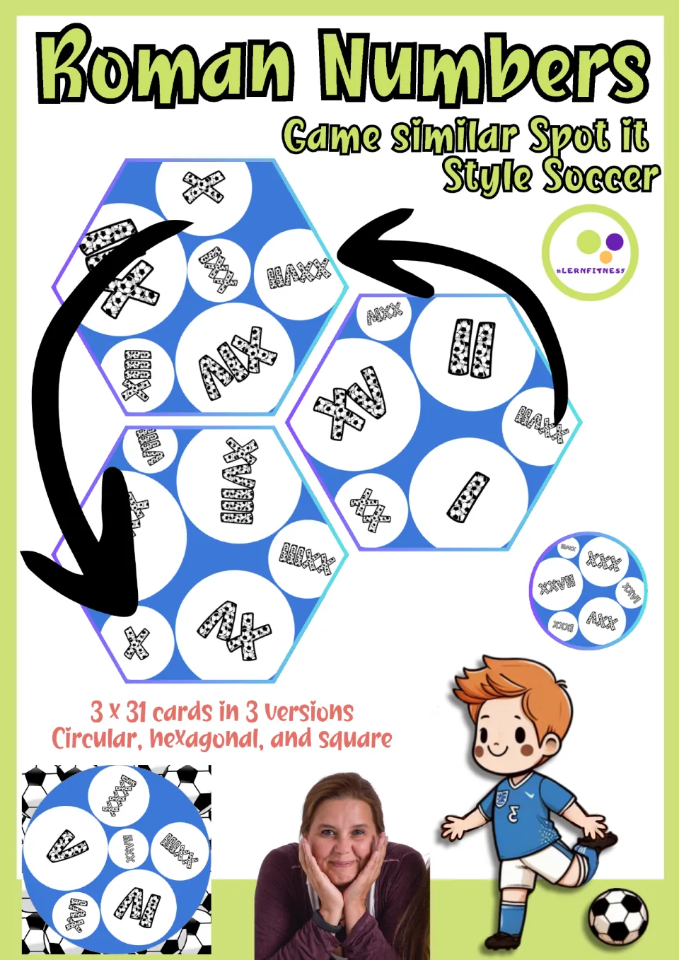 Roman numeral matching game cover announcing three sets of 31 cards in circular, hexagonal, and square versions