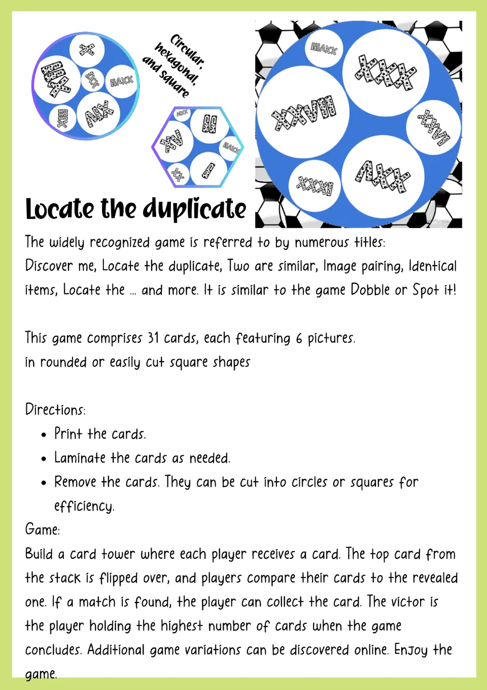Roman numeral game instructions explain printing, optional laminating, cutting, matching, and collecting cards