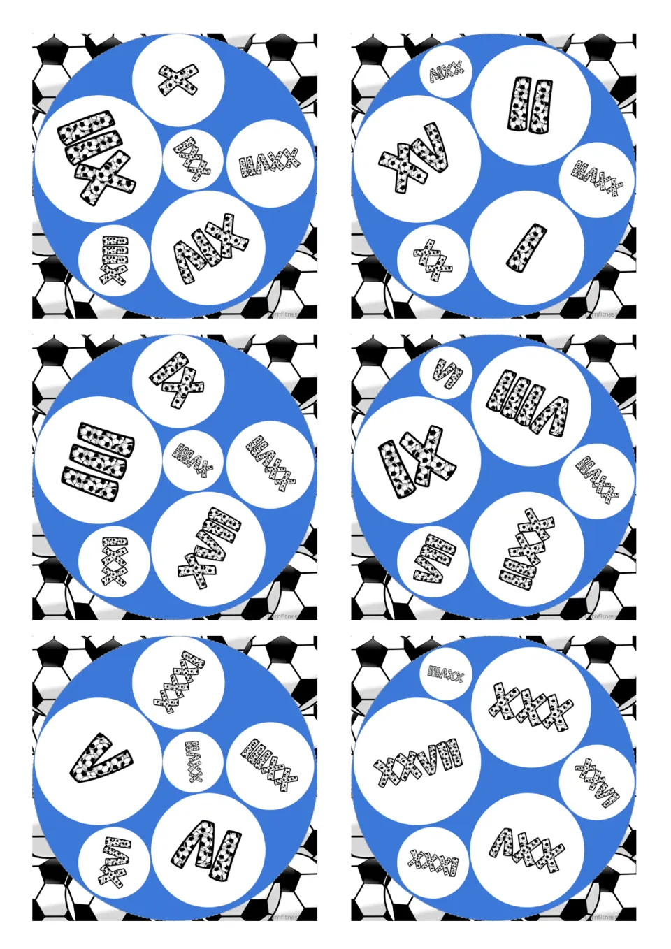 Square Roman numeral matching cards 1–6 of 31, each containing six soccer-patterned numerals to compare