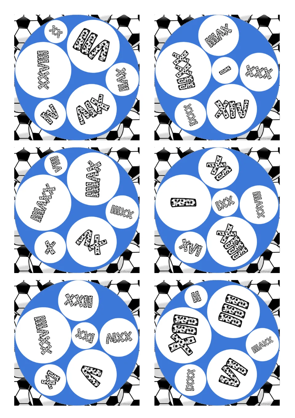 Square Roman numeral matching cards 7–12 of 31, each containing six soccer-patterned numerals to compare