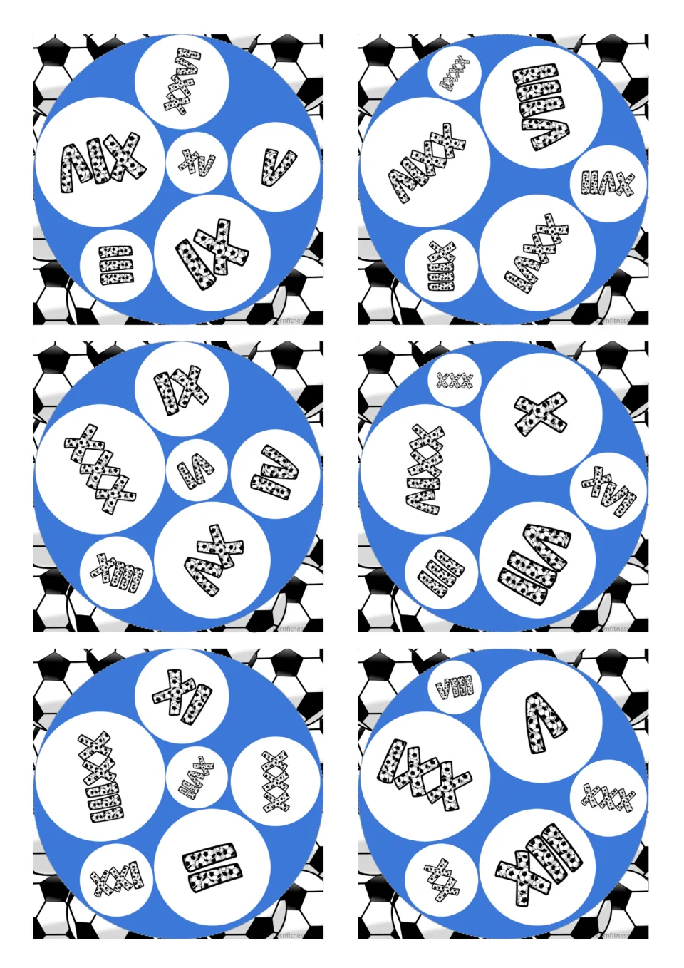 Square Roman numeral matching cards 13–18 of 31, each containing six soccer-patterned numerals to compare