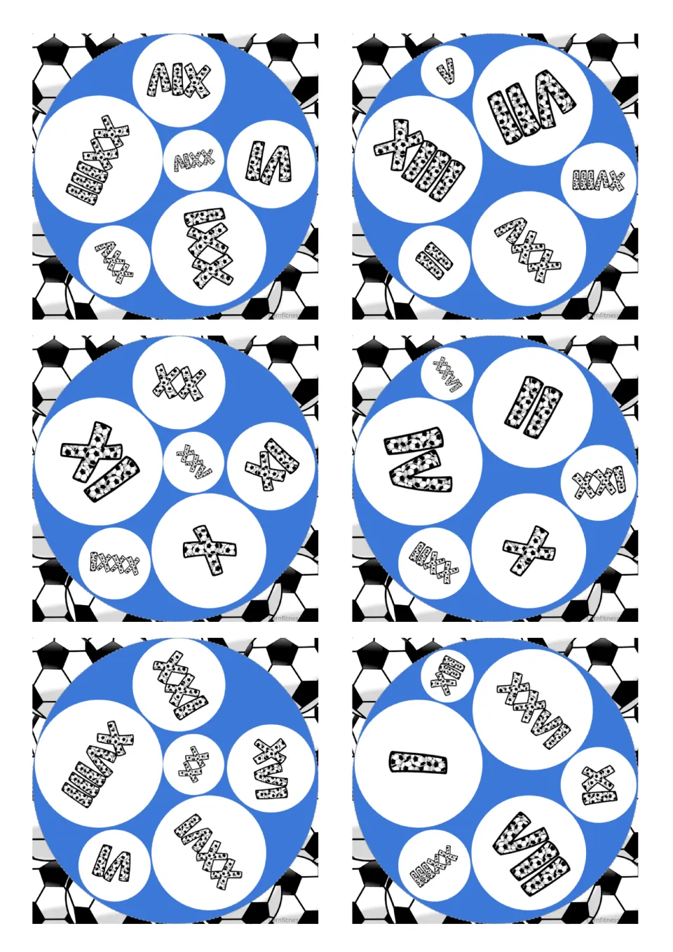 Square Roman numeral matching cards 19–24 of 31, each containing six soccer-patterned numerals to compare