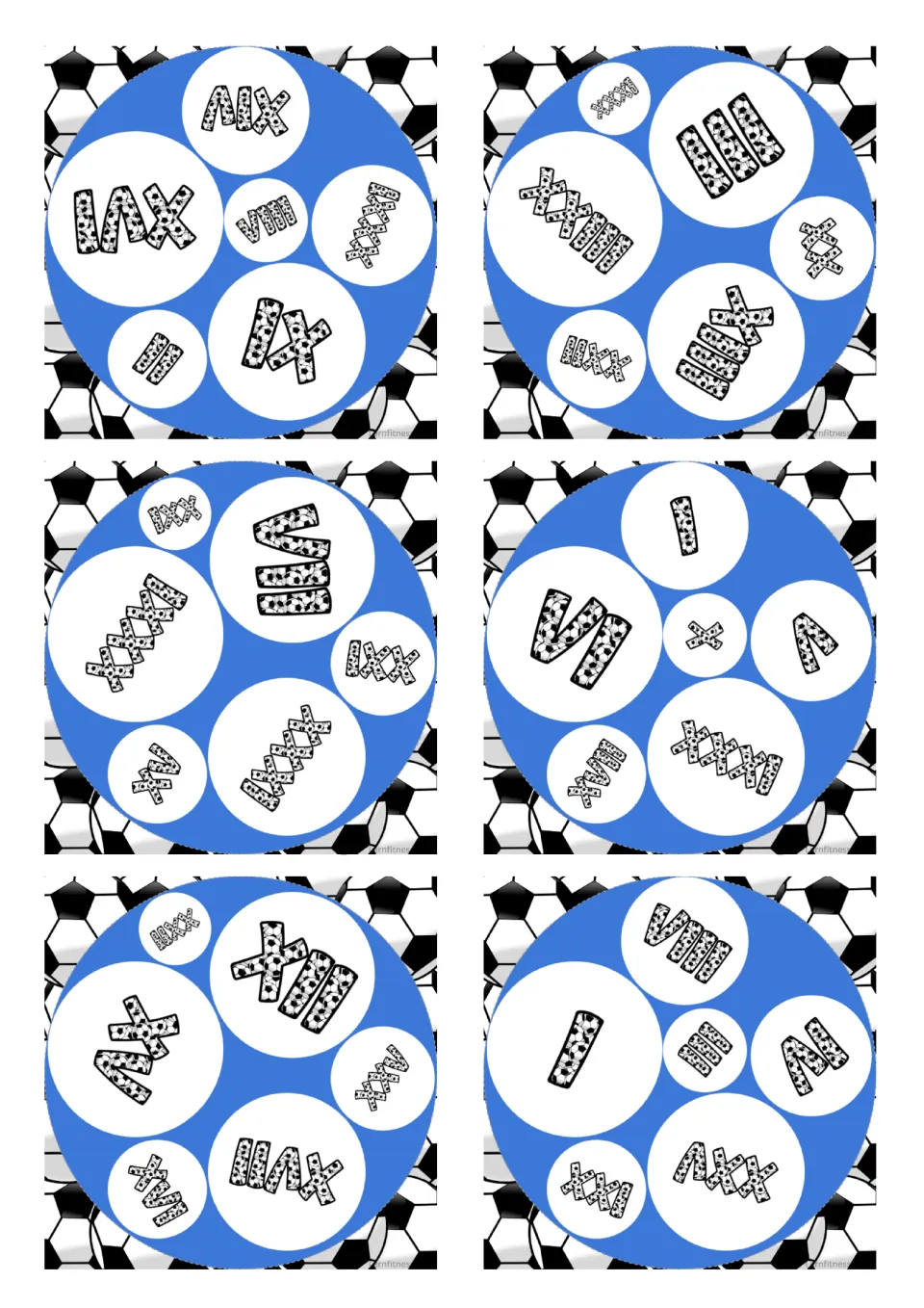 Square Roman numeral matching cards 25–30 of 31, each containing six soccer-patterned numerals to compare