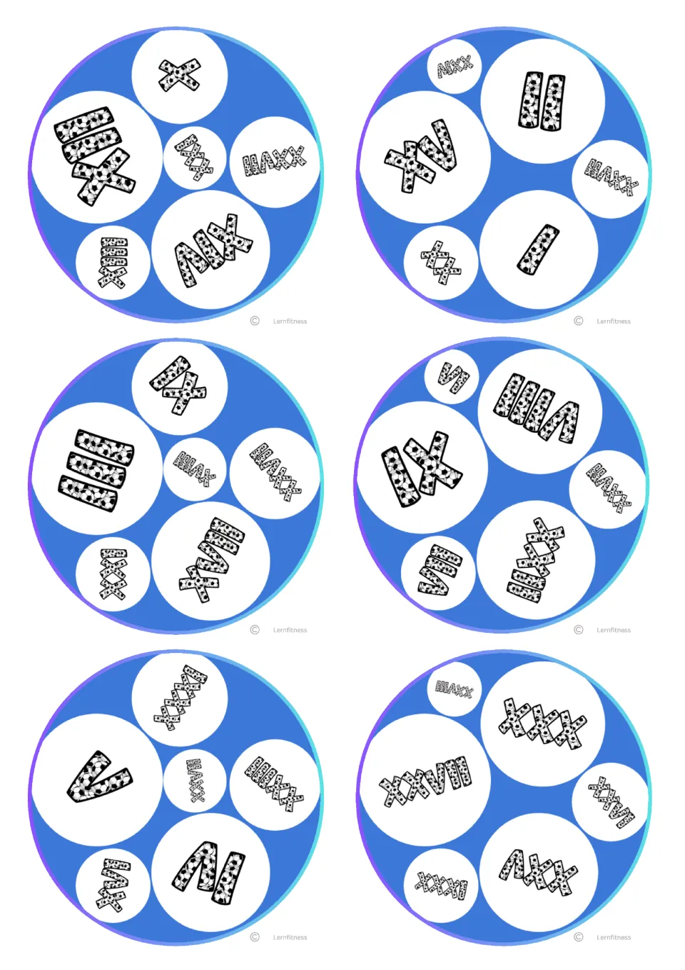 Circular Roman numeral matching cards 1–6 of 31, repeating the six numeral combinations on the first square sheet