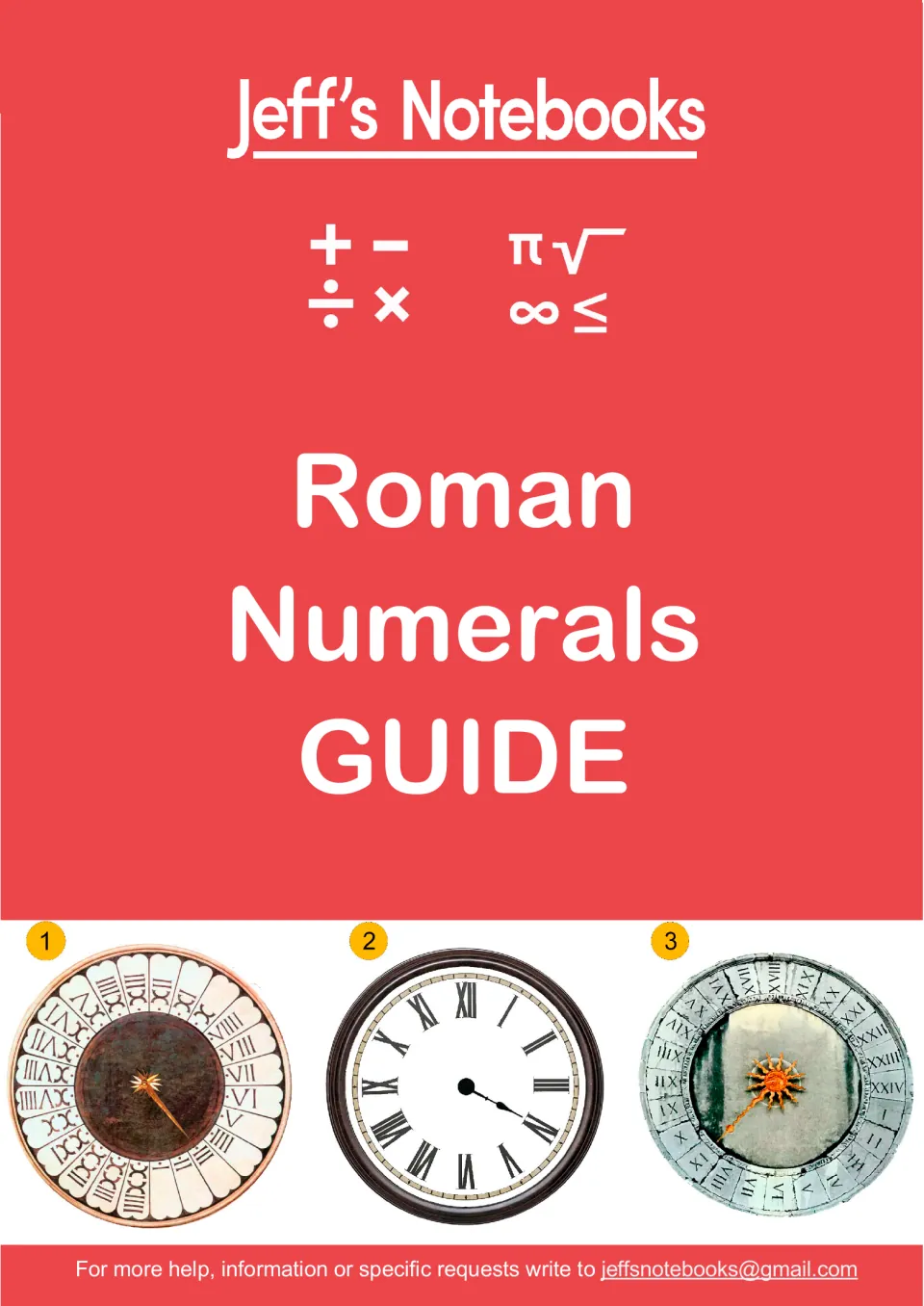 Jeff's Notebooks Roman Numerals Guide cover showing three clock faces numbered with Roman numeral hours