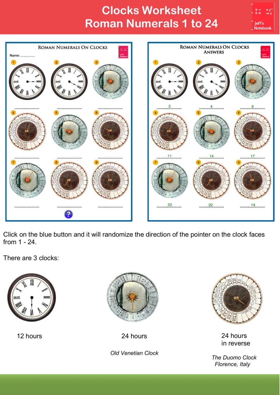Clocks worksheet, Roman numeral 1 to 24: students read the pointer on 9 clocks and write the hour; answer sheet shown