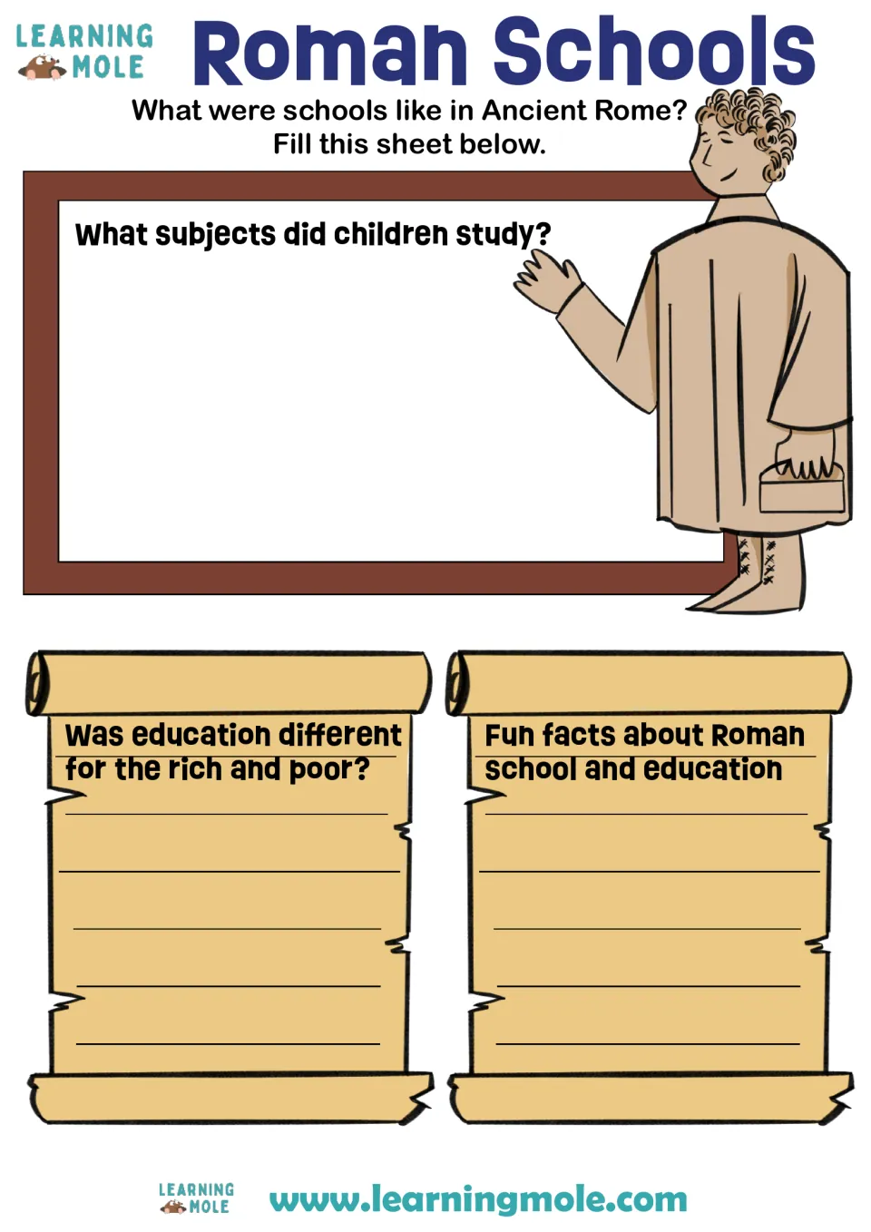 Schools in Ancient Rome: students write what children studied, how rich and poor were taught, and fun facts