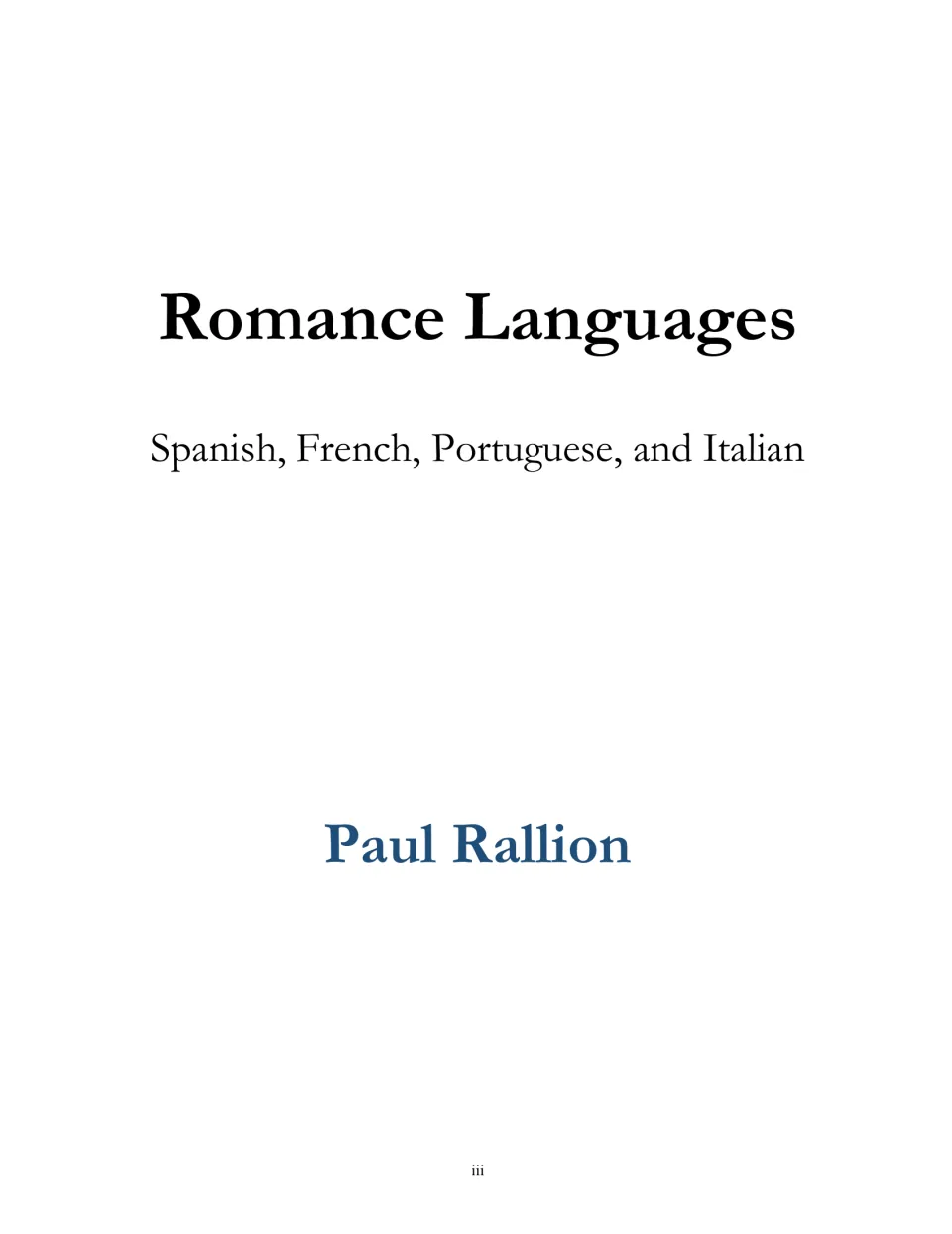 Title page naming Romance Languages, covering Spanish, French, Portuguese and Italian, with author Paul Rallion