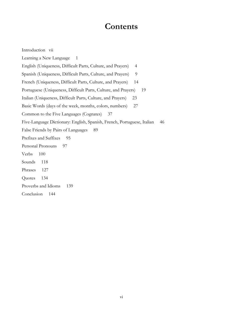 Table of contents listing chapters from Learning a New Language to cognates, a five-language dictionary, verbs and idioms