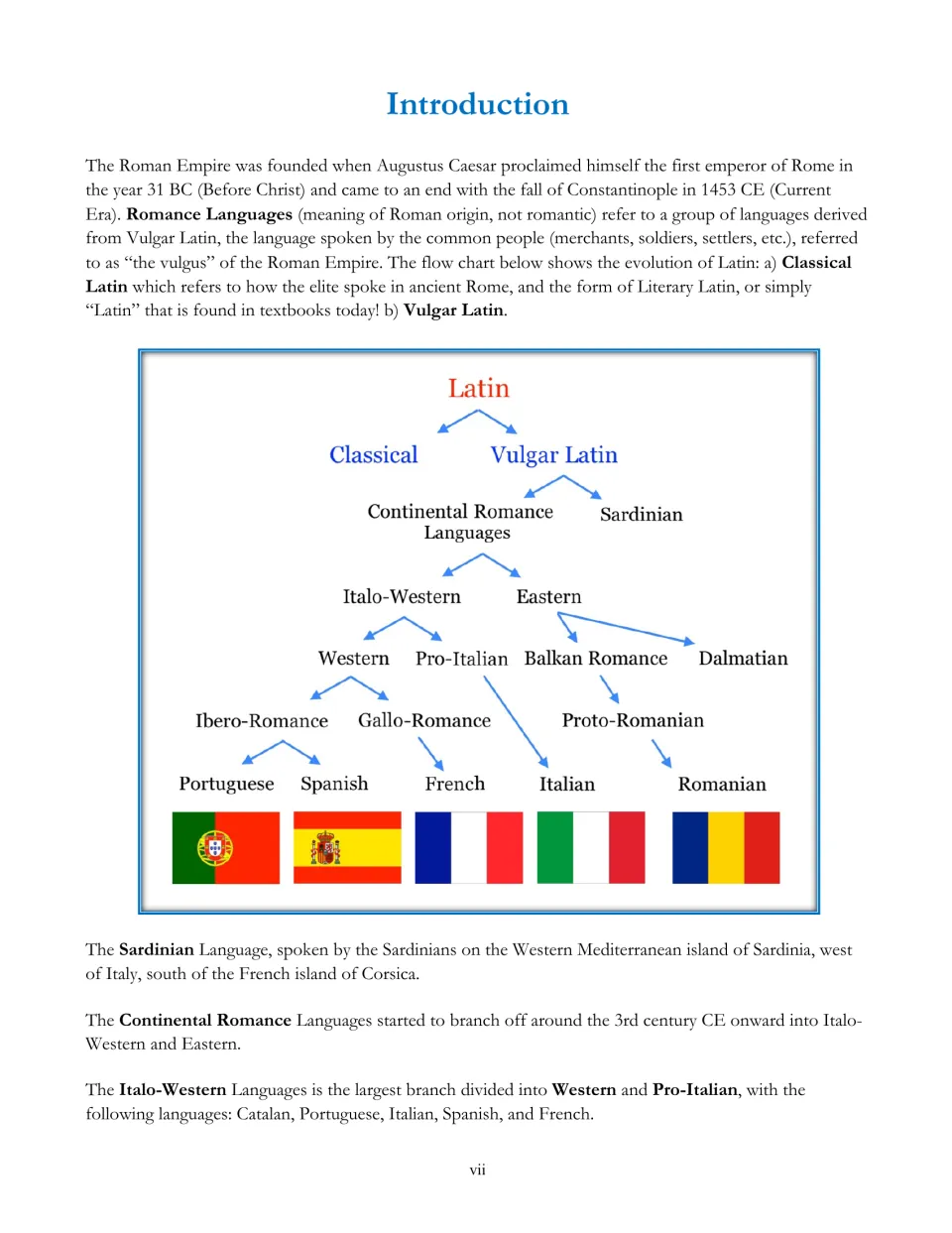 Introduction on Latin's evolution: a flow chart traces Vulgar Latin to Portuguese, Spanish, French, Italian and Romanian