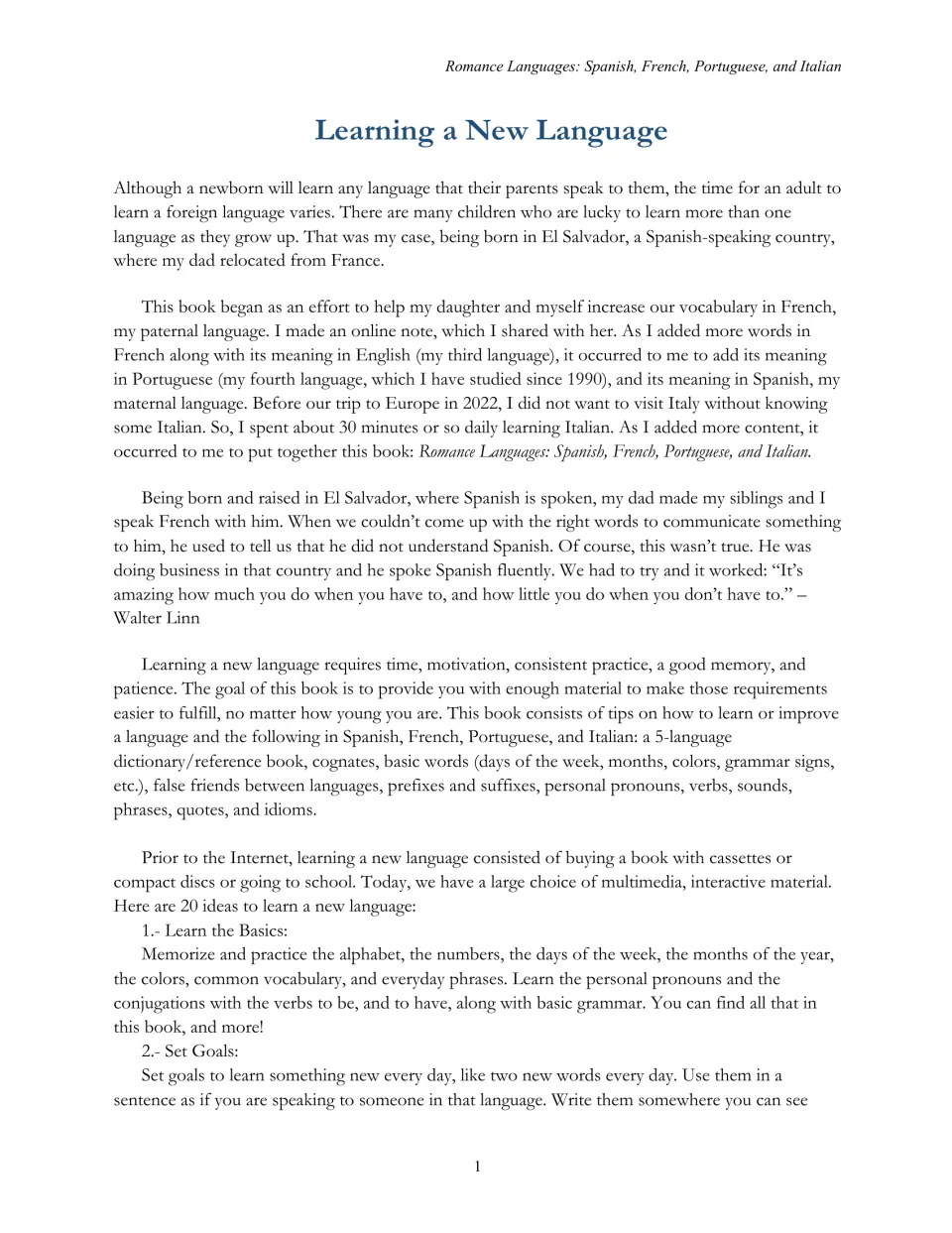 Learning a New Language: the author's story and the first two of 20 tips: learning the basics and setting daily word goals