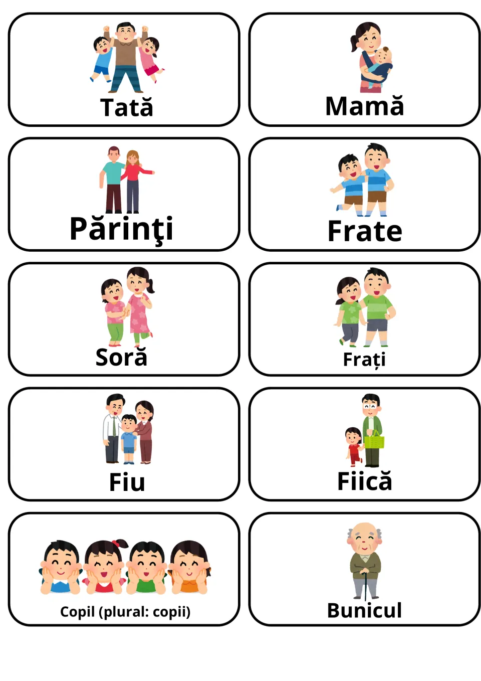 Romanian immediate family flashcards: 10 picture cards for words such as Tată, Mamă, Părinţi, Frate, Soră and Bunicul