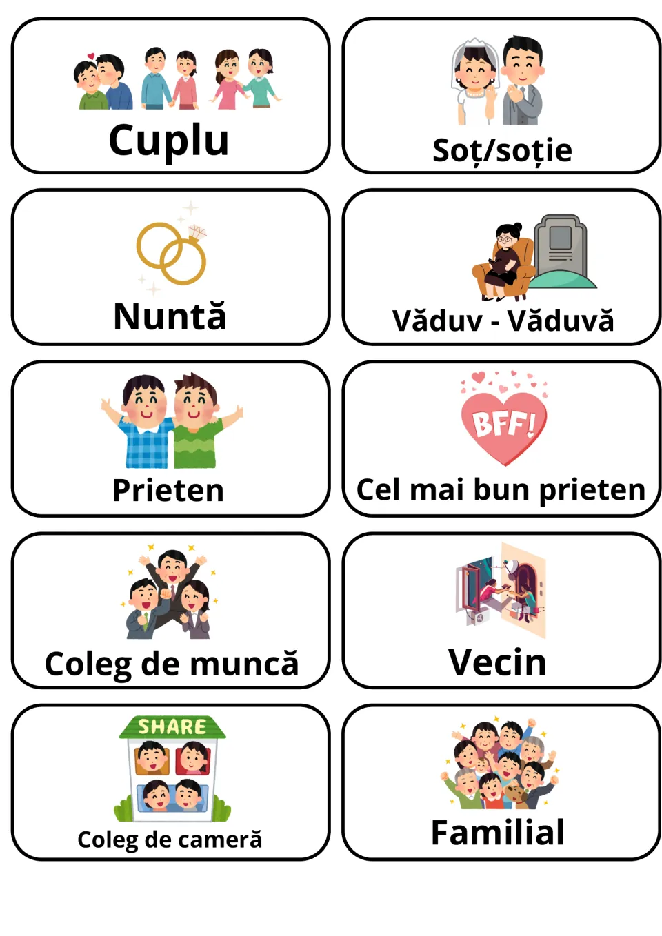Romanian social relationship cards: 10 pictures for words like Cuplu, Nuntă, Văduv - Văduvă, Vecin and Coleg de cameră