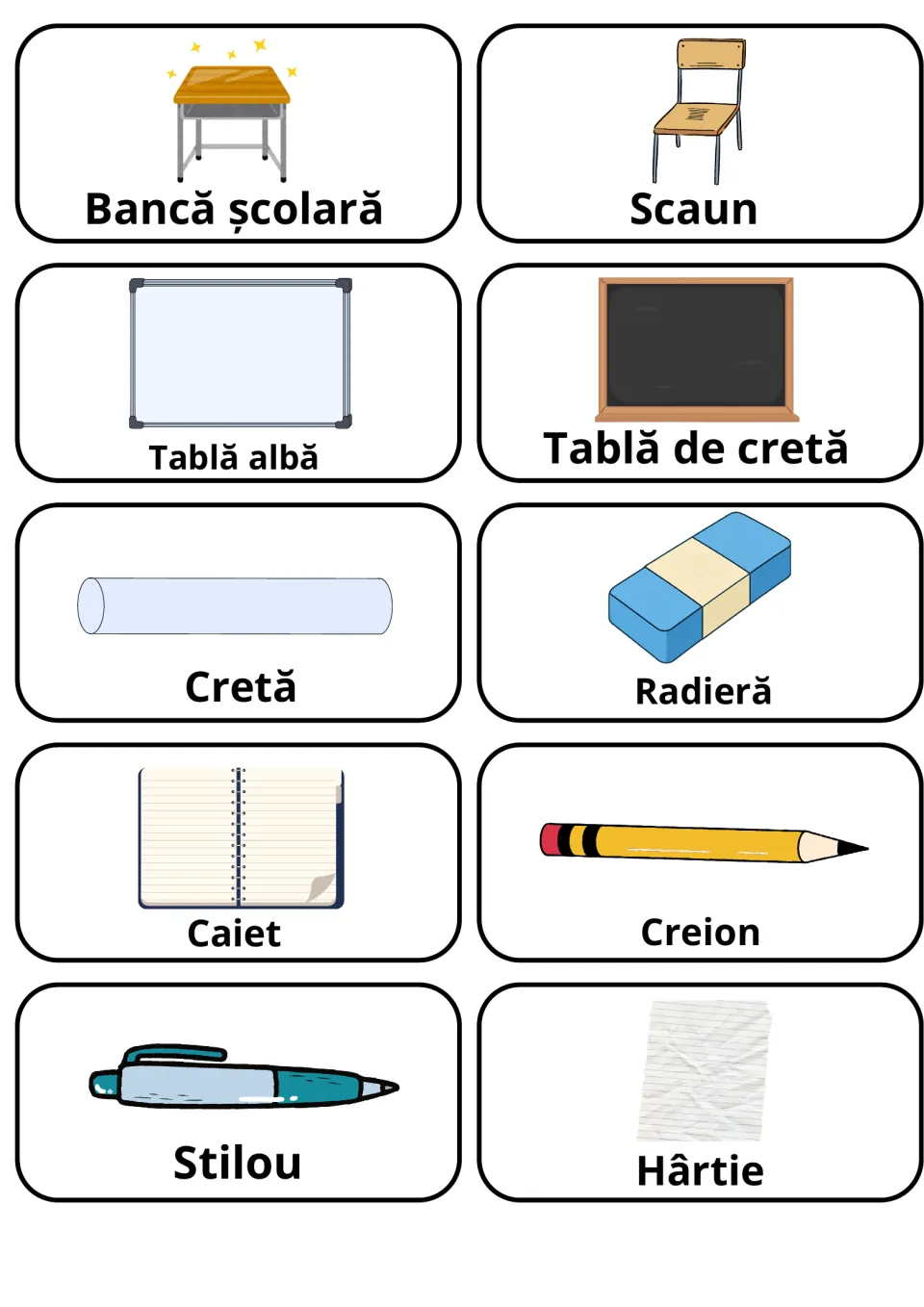 Romanian classroom objects: 10 picture cards such as Bancă școlară, Scaun, Cretă, Radieră, Creion for vocabulary