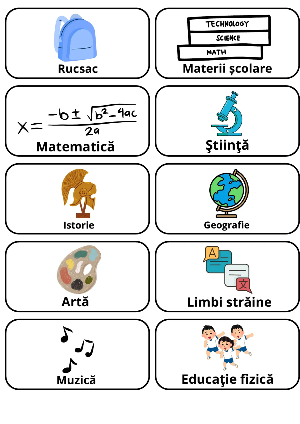 Romanian school subjects: picture cards for Matematică, Ştiinţă, Istorie, Geografie, Artă, Muzică, plus Rucsac