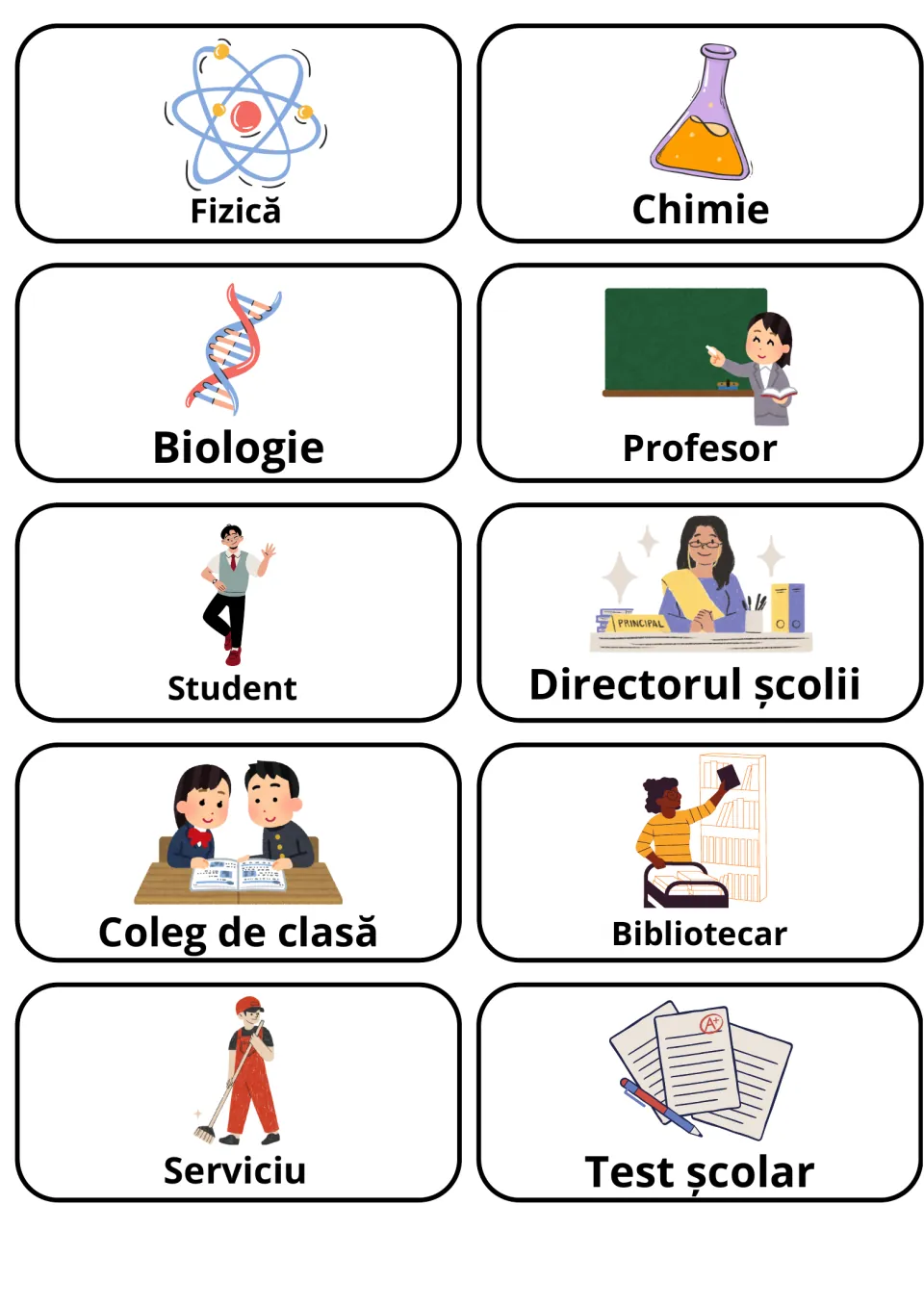 Romanian words for sciences and school people: Fizică, Chimie, Biologie, Profesor, Student, Bibliotecar, Test școlar