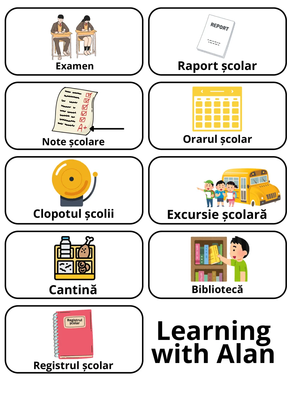 Romanian school-life cards: Examen, Raport școlar, Orarul școlar, Clopotul școlii, Cantină, Bibliotecă, Registrul școlar