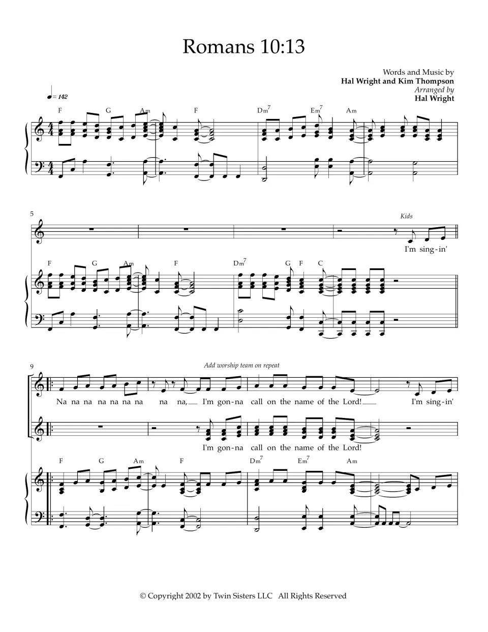 Romans 10:13 song, bars 1-12: piano intro with chords, then kids sing "Na na na" and "call on the name of the Lord"