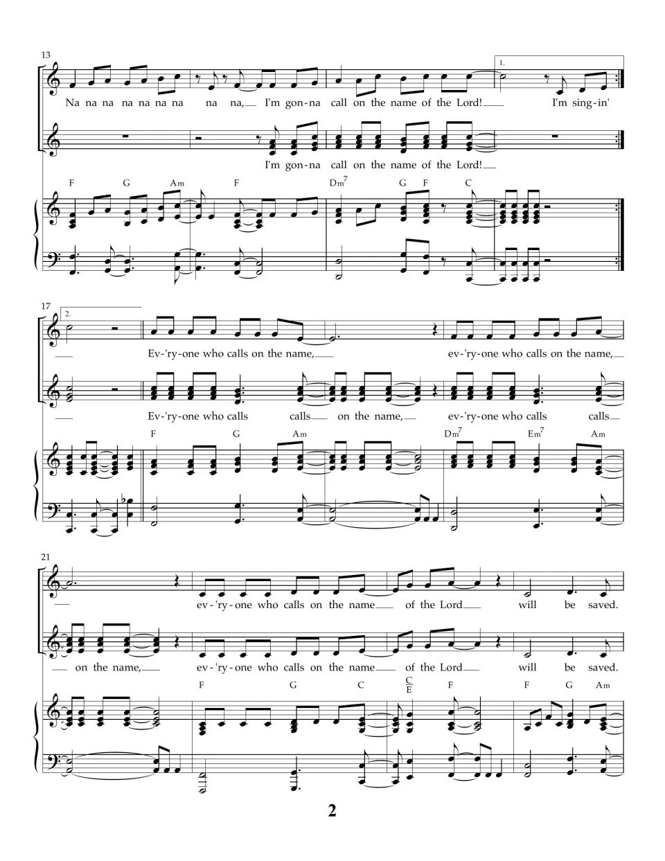 Song score, bars 13-24: repeat endings lead into the verse "Ev'ry-one who calls on the name of the Lord will be saved"