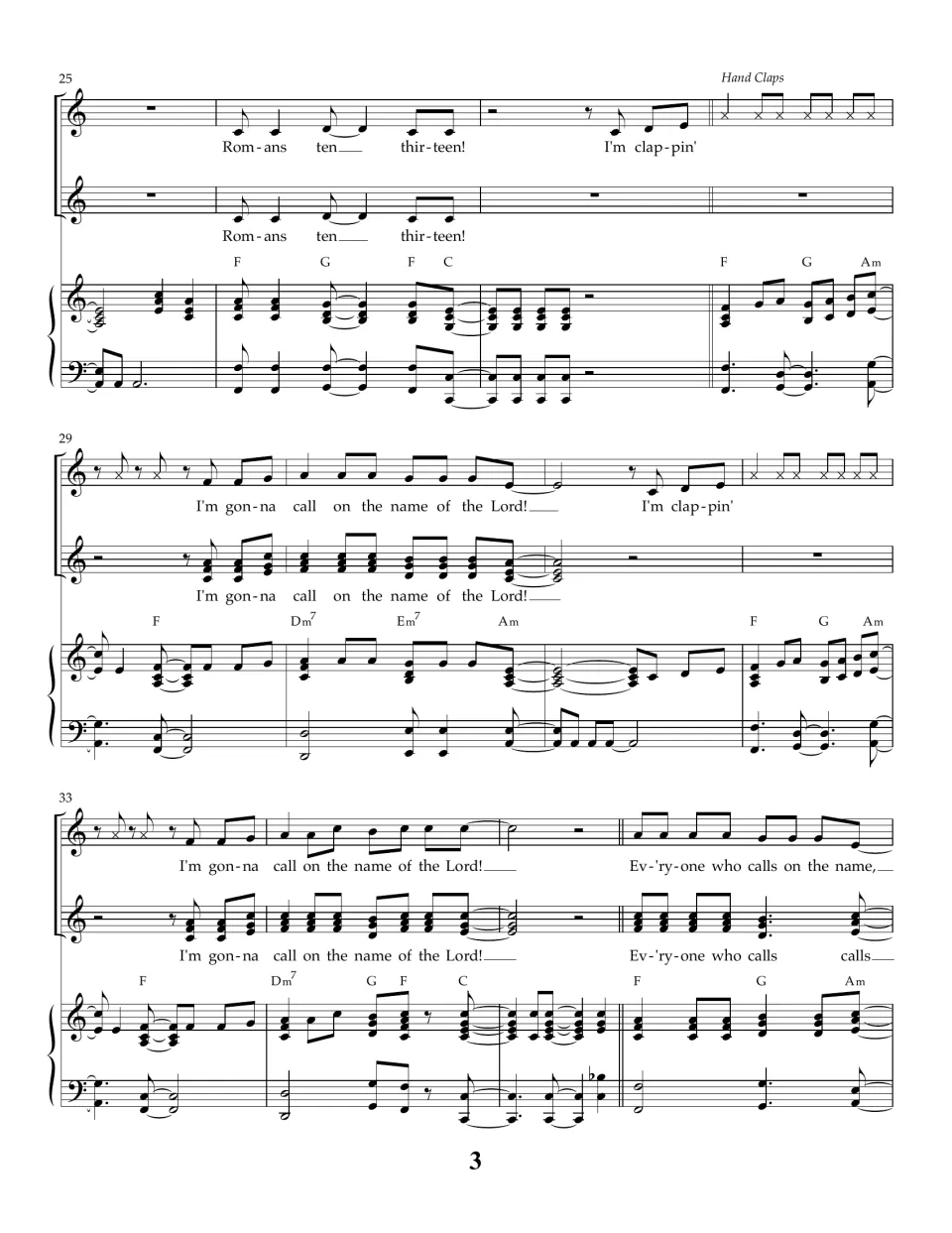 Song score, bars 25-36: voices sing "Rom-ans ten thir-teen!" then a hand-clap rhythm part with "I'm clap-pin'" lyrics
