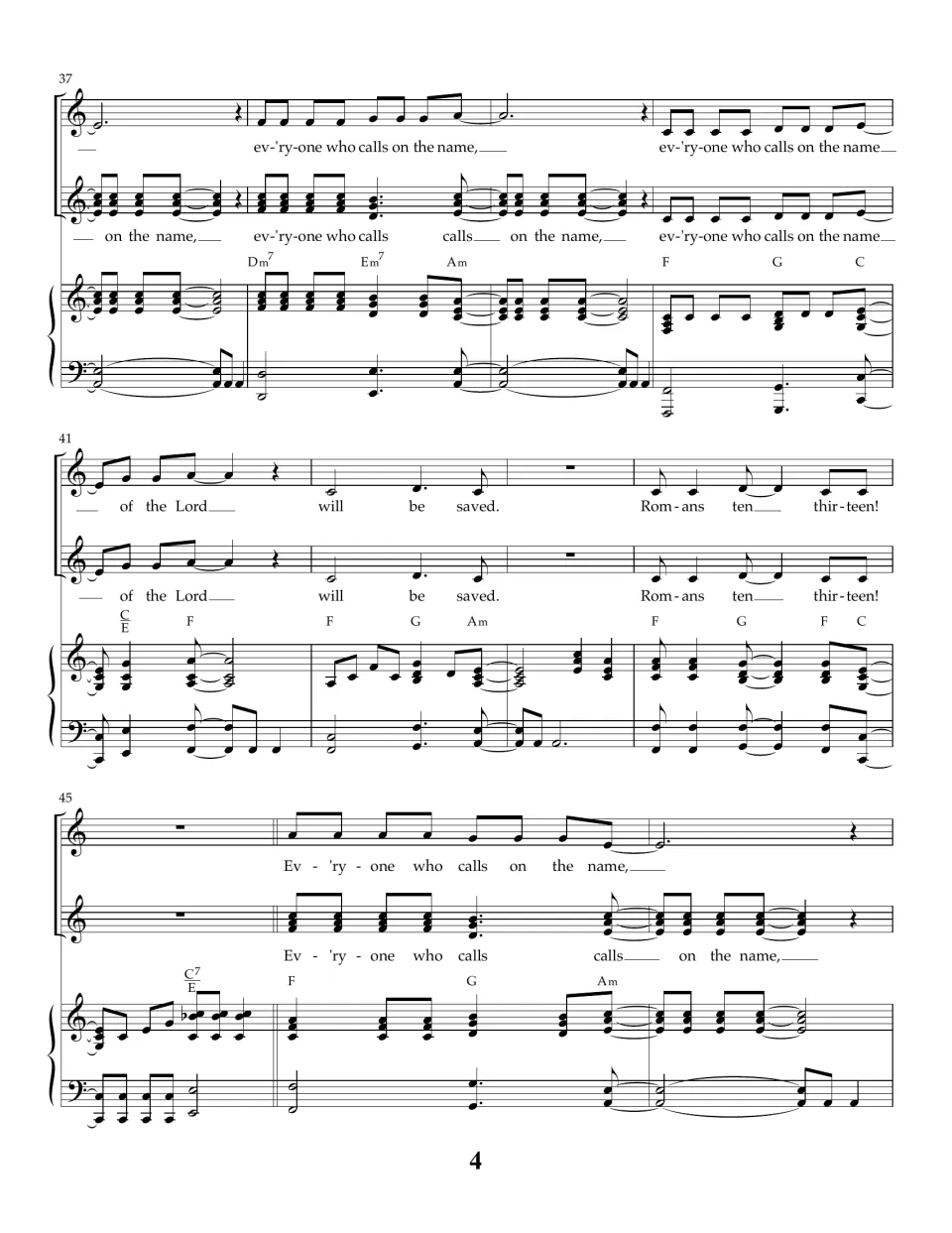 Song score, bars 37-47: two vocal parts repeat "ev'ry-one who calls on the name" with piano chords F, G, Am and C7