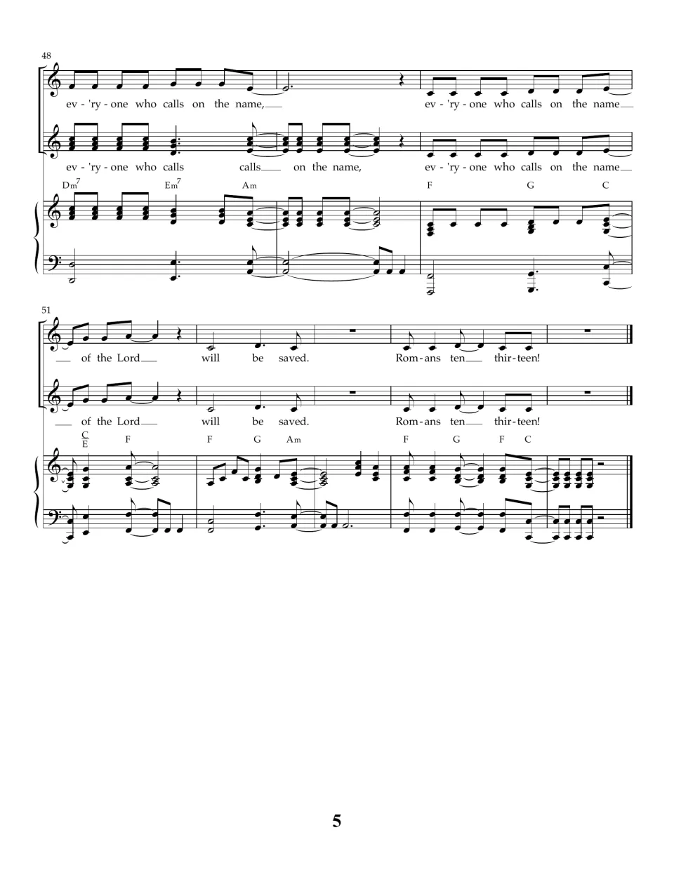 Song score ending, bars 48-55: last "will be saved" phrase and closing "Rom-ans ten thir-teen!" with the final barline