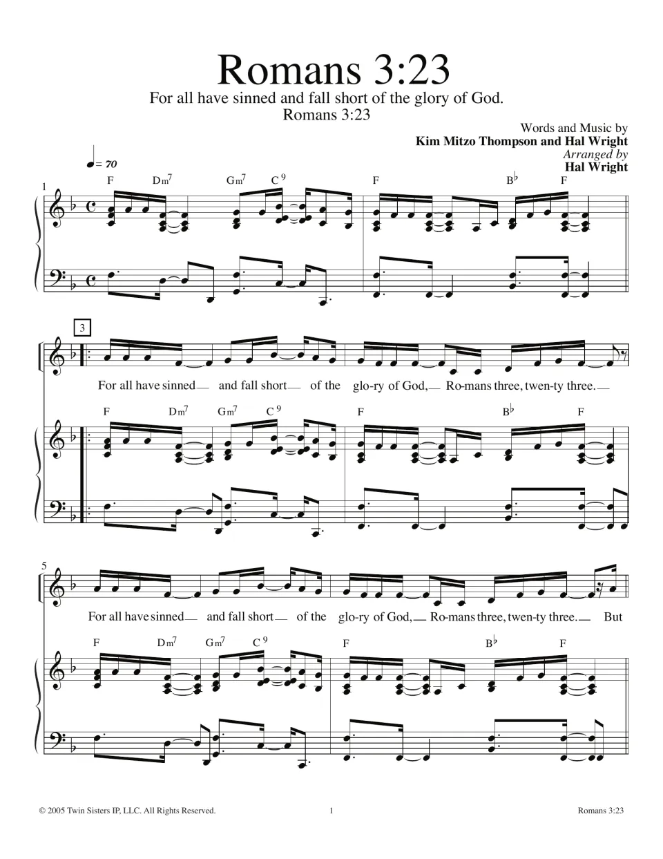Romans 3:23 song, measures 1-6: piano intro and melody line "For all have sinned and fall short" with chord symbols