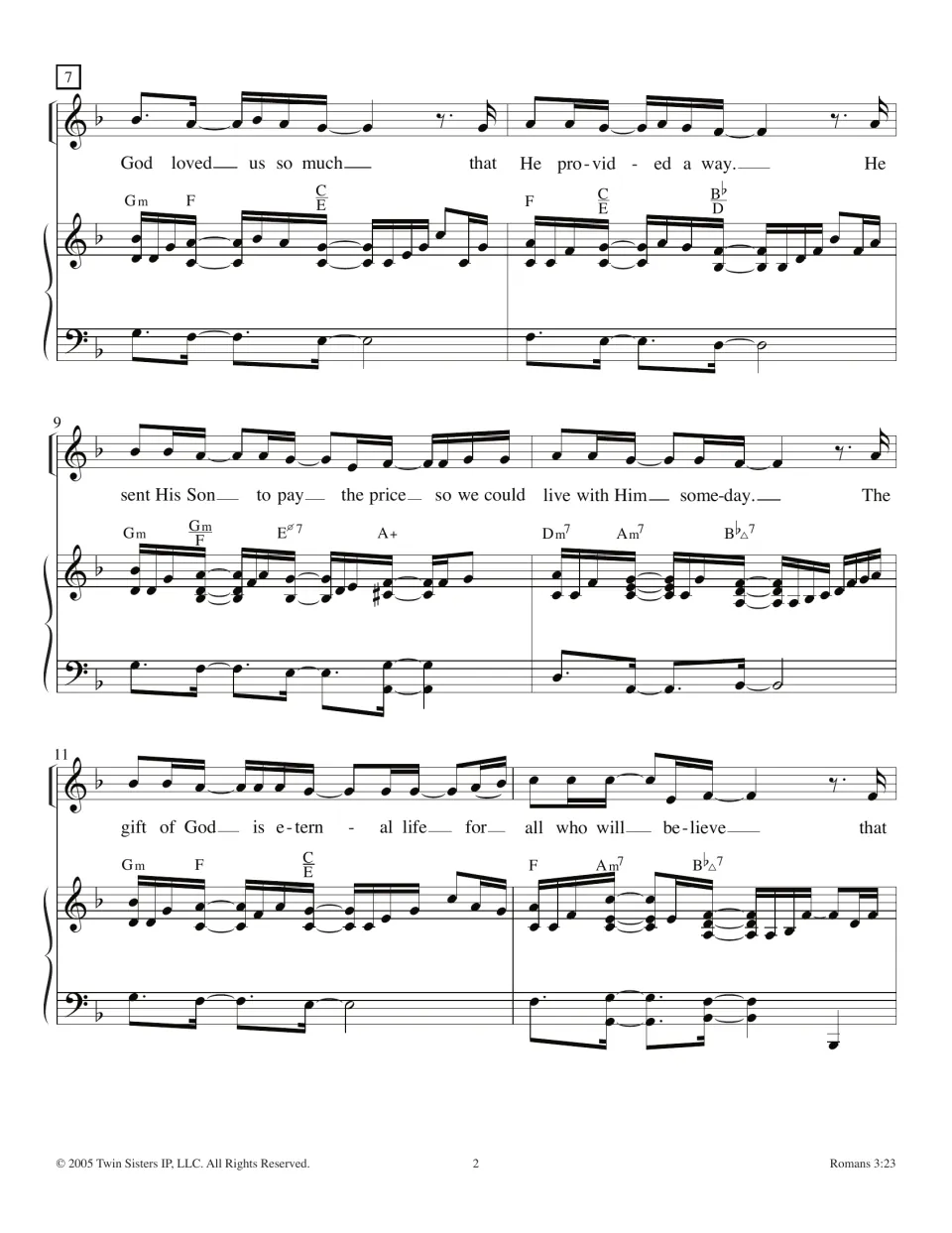 Verse in measures 7-12: vocal melody with lyrics "God loved us so much that He provided a way" over piano chords