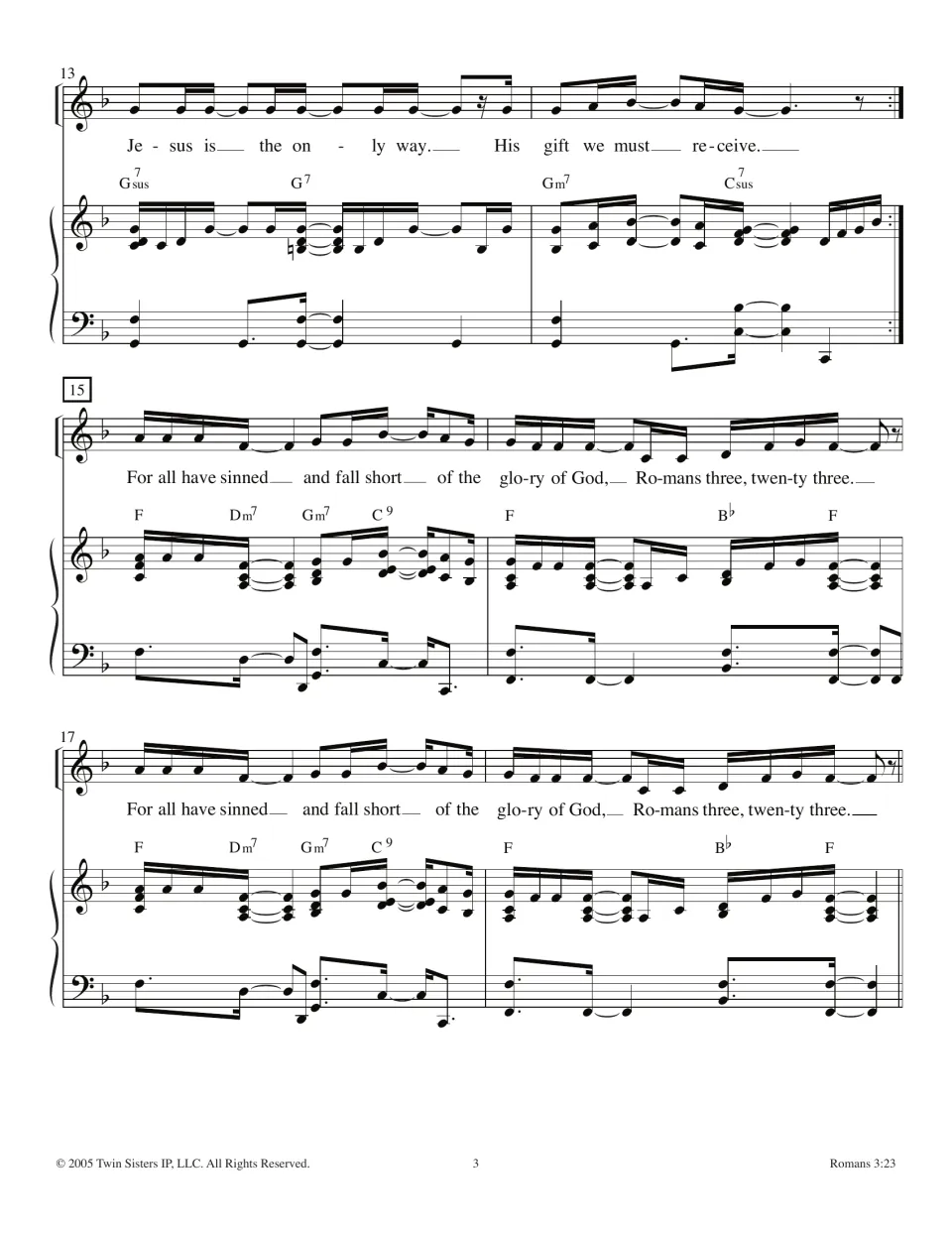 Measures 13-18: verse ends "Jesus is the only way" with a repeat sign, then the chorus returns twice