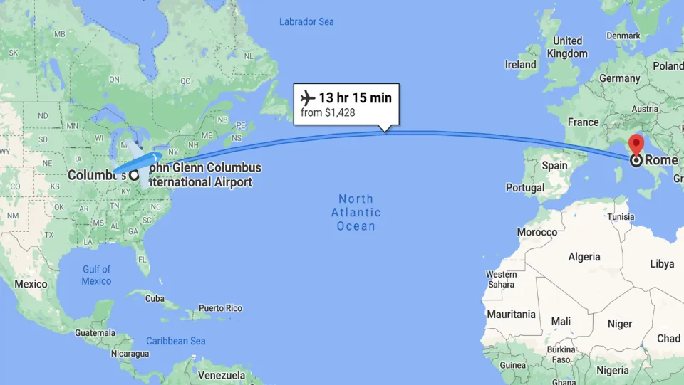 Travel slide maps the flight from John Glenn Columbus International Airport to Rome: 13 hours, 15 minutes.