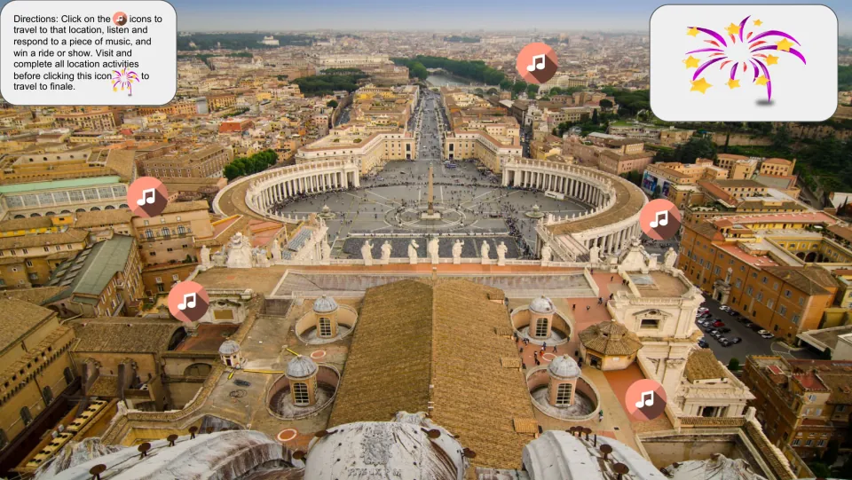 Field trip navigation slide has five music icons for location activities and a fireworks icon for the finale.