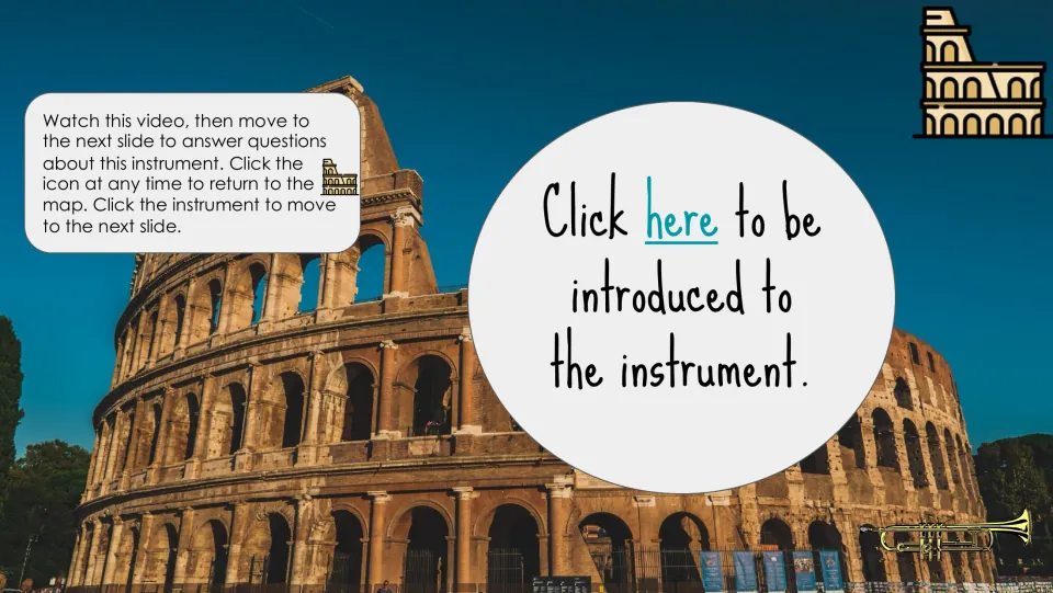 Trumpet introduction slide links to a video and directs students to answer questions on the next slide.
