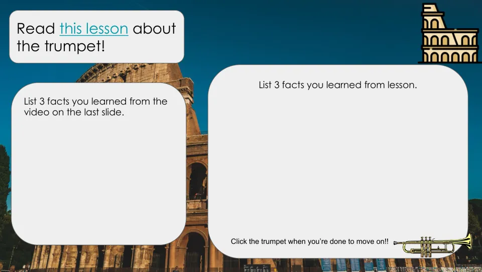 Trumpet response slide links to a lesson and asks for three facts from the video and three from the lesson.