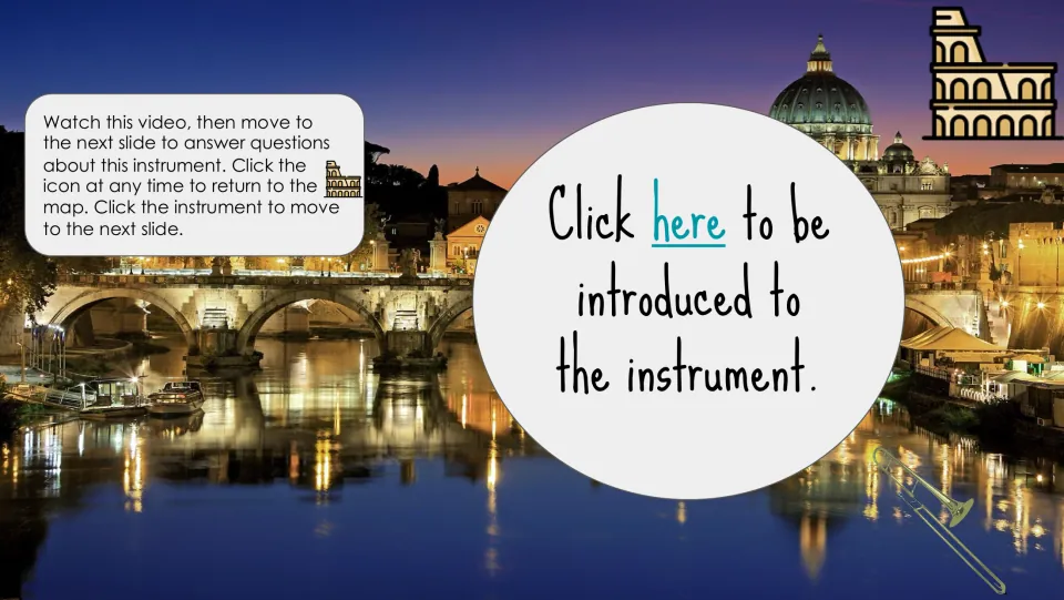 Trombone introduction slide links to a video and directs students to answer questions on the next slide.