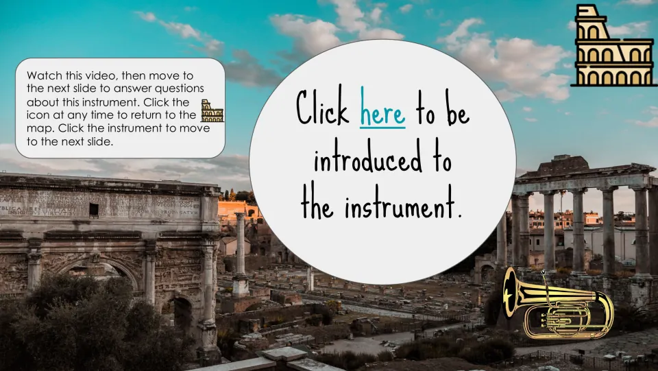Tuba introduction slide links to a video and directs students to answer questions on the next slide.